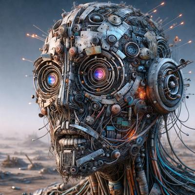 The primary subject of the image is a futuristic robot head with a mix of mechanical and electronic components. The robot head is the main focus of the image, and it is set against a backdrop of a desert-like environment. The visual style of the image is a combination of digital art and illustration, creating a unique and intricate design. The colors and mood of the image are predominantly dark and moody, with the robot head being the main source of light and contrast.